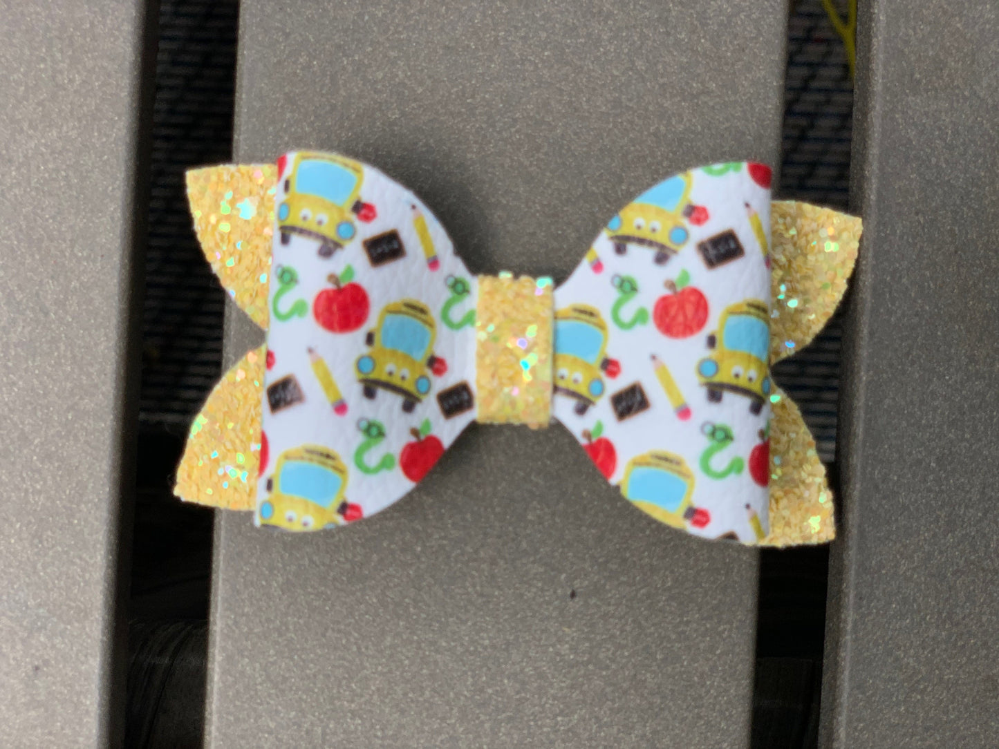 Back to School 3" School Bus with Glitter Bow, Hair Bow