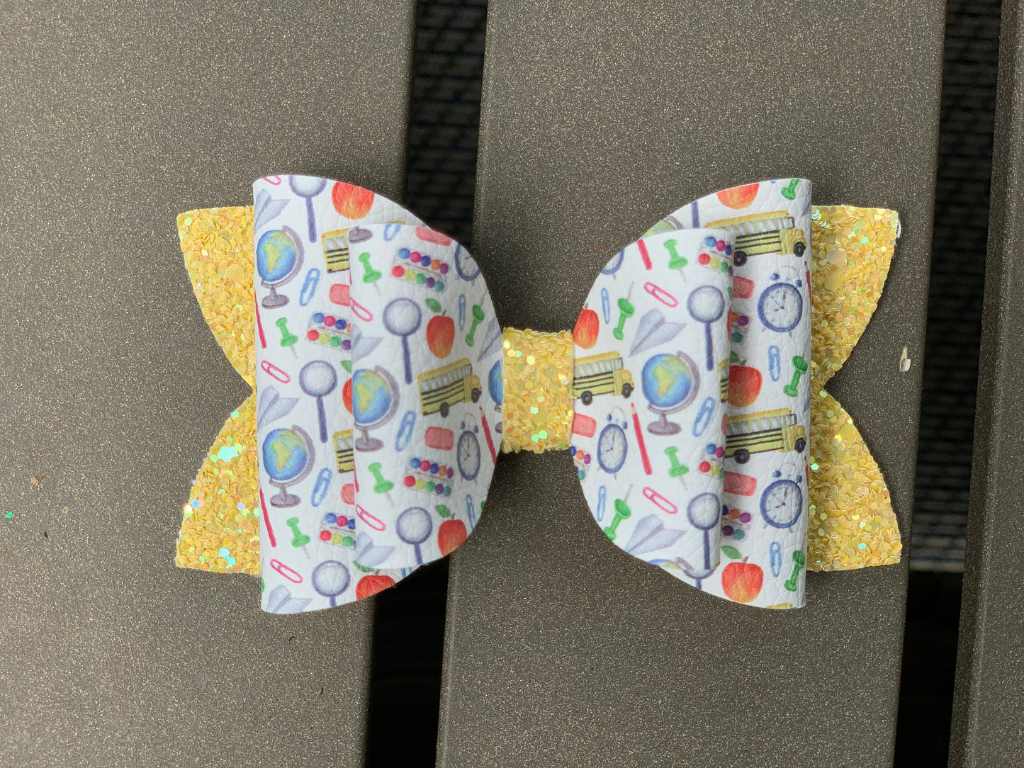 Back to School 4" School Things Double Loop Bow with Glitter, Hair Bow
