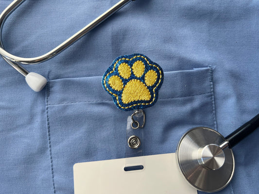Blue and yellow paw print badge reel  badge clip retractable ID badge holder, cute s for coworkers stocking stuffers for