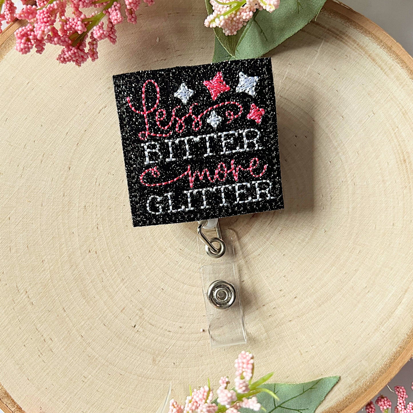 Less Bitter More Glitter funny badge reel nurse gifts for women, sassy gifts for her, sayings badge clip retractable teacher, Glitter Badge