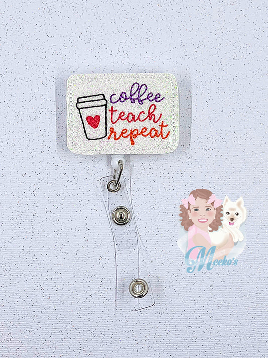 coffee teach repeat badge reel funny gifts for preschool teachers, coffee badge clip retractable