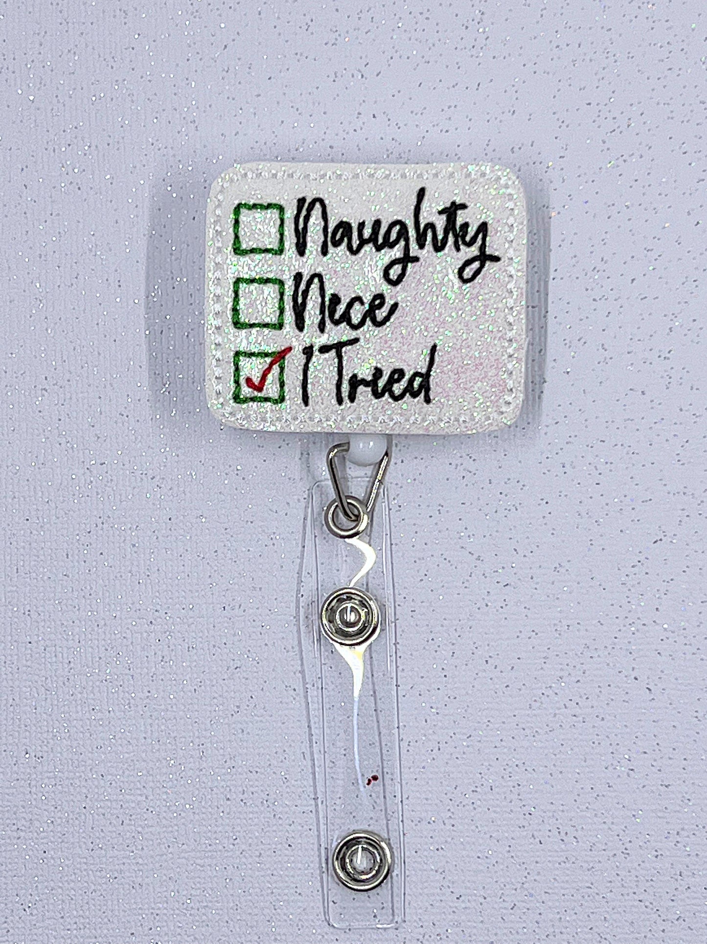 Naughty Nice I Tried badge reel, nurse gifts for women, Santa badge, retractable teacher, winter Badge,  Gift, Stocking Stuffer