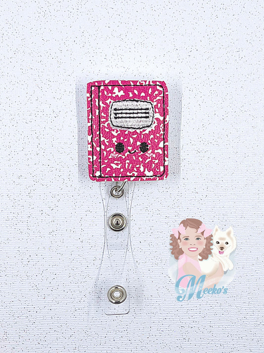 pink notebook badge reel s for preschool teachers, secret Santa gifts at work, composition book badge clips, stocking stuffers
