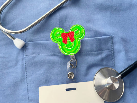 Mouse Wreath Badge Reel, Christmas id badge, Winter badge reel, nurse Badge Clip, Teacher Badge, Badge Buddy, Secret Santa Gift