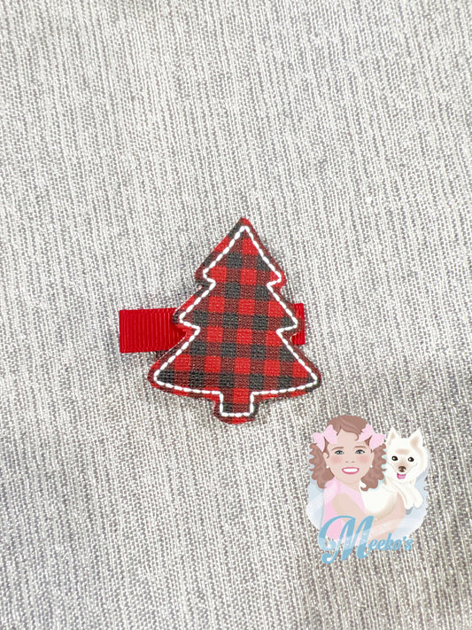 red and black buffalo plaid Christmas tree hair clips for toddler girls, cute Christmas hair accessories for little girls, stocking stuffers
