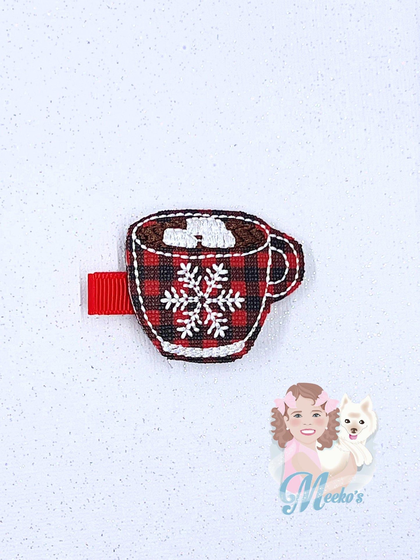 hot chocolate mug Christmas hair clips for girls, red and black buffalo plaid hair accessories for little girls, stocking stuffers for kids