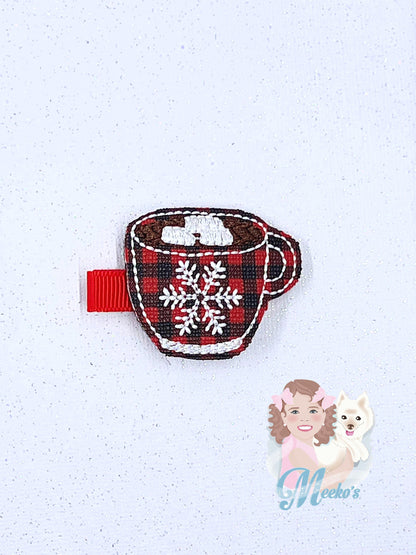 hot chocolate mug Christmas hair clips for girls, red and black buffalo plaid hair accessories for little girls, stocking stuffers for kids