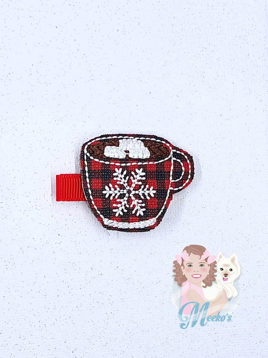 hot chocolate mug Christmas hair clips for girls, red and black buffalo plaid hair accessories for little girls, stocking stuffers for kids