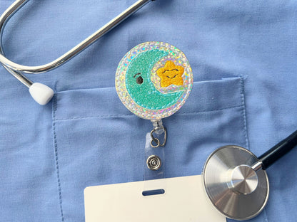 Moon and stars badge reel badge clip retractable ID badge holder, cute gift for coworkers, badge for RN, healthcare badge, gift for sister
