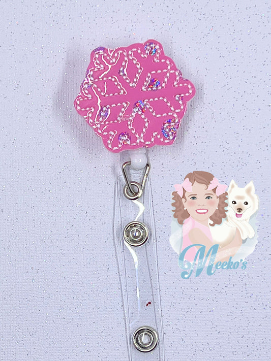 pink snowflake badge reel cute badge holder nurse gifts for women, pastel snowflake winter badge clip retractable ID badge lanyard for