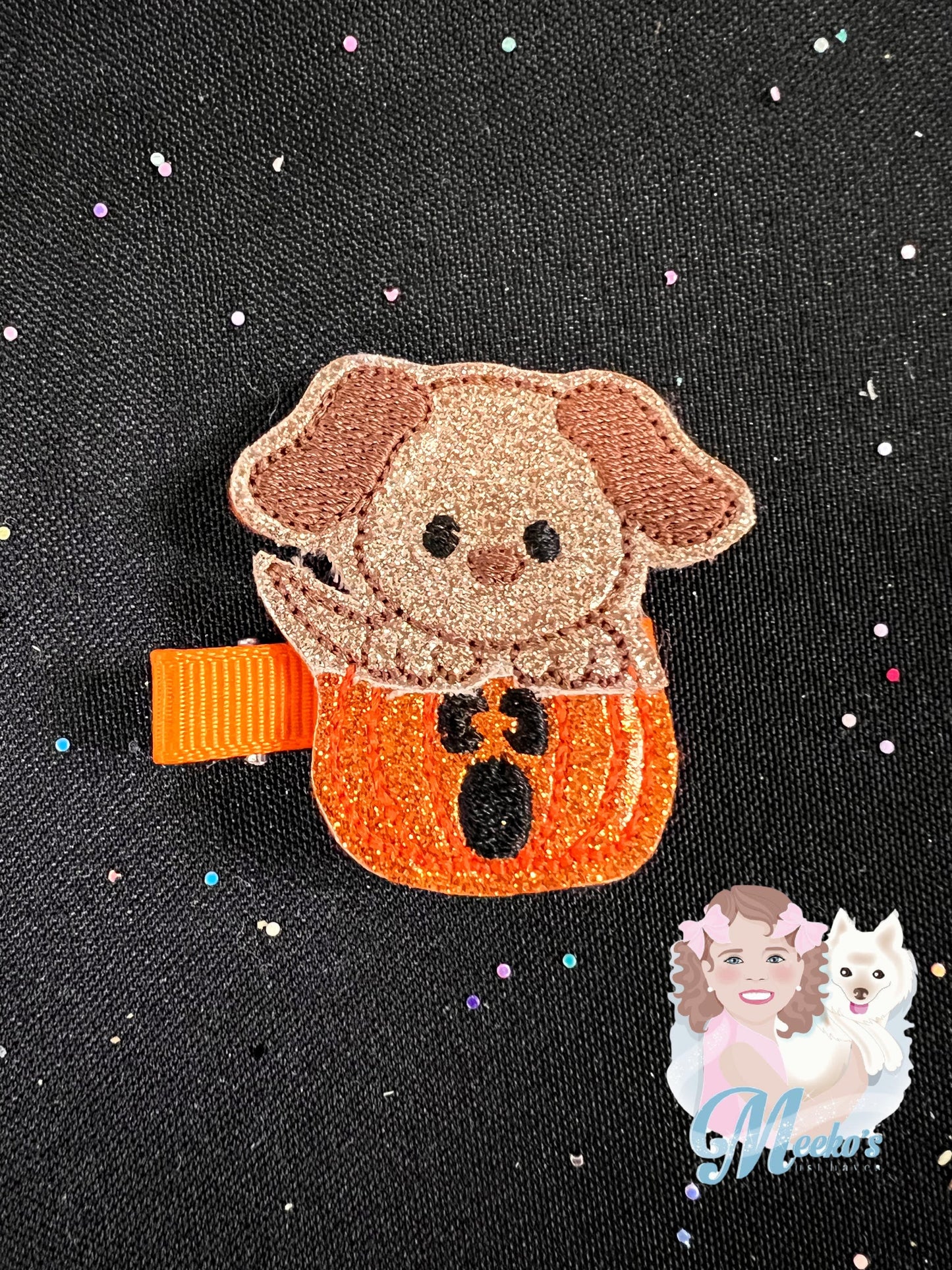 Dog in Jack-o-lantern hair clip, fall hair accessories, pumpkin gifts for little girls, jack-o-lantern hair clips for toddler girls