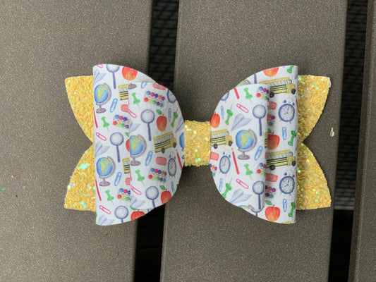 Back to School 4" School Things Double Loop Bow with Glitter, Hair Bow